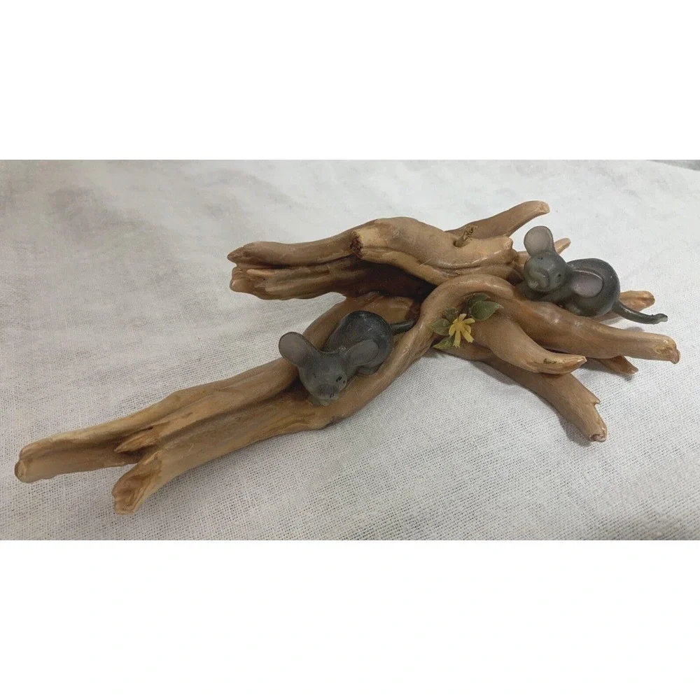 Sculpted Candle Two Mice on Logs in Forest Wax Vintage MCM Plastic Flower 9 inch